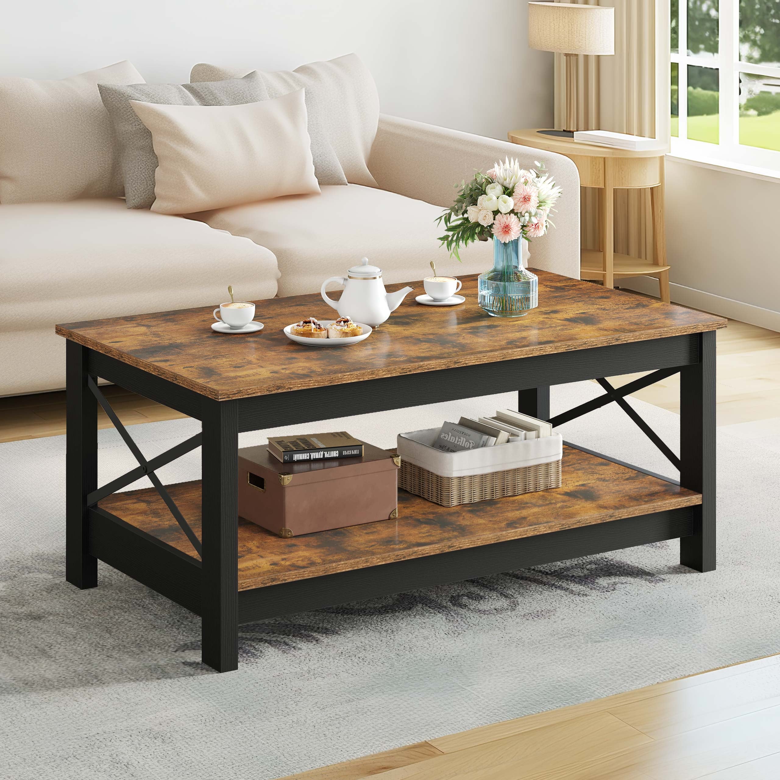 Dextrus Farmhouse Coffee Table with Open Storage Shelf, 2-Tier Thicken Wood Accent Cocktail Center Ends Table for Living Room Home Office, Rustic Brown