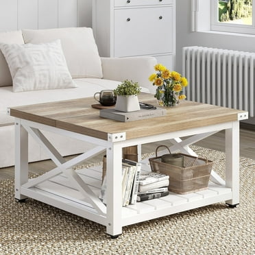 Dextrus Farmhouse Coffee Table Square Wood Center Table End Table with Open Storage Shelf for Living Room, Gray Wash