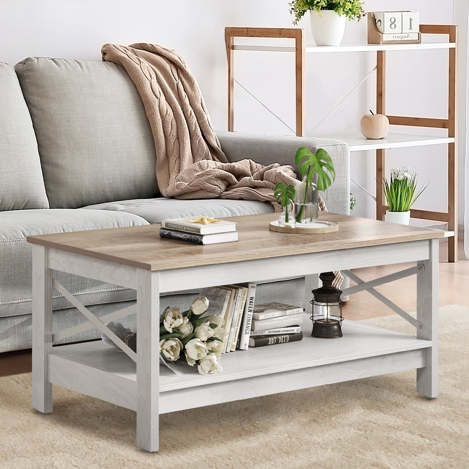 Dextrus Farmhouse Rustic Wood Coffee Table with Open Storage Shelf, Oak - Walmart.com