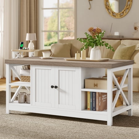 Dextrus Farmhouse Coffee Table with Storage & Adjustable Shelf, 3-Tier Rustic Wood Center Table, White