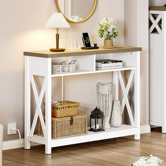 Dextrus Farmhouse Console Table, 40" Entryway Tables Narrow Sofa Table with Storage Shelf for Living Room, Hallway, Grey Wash