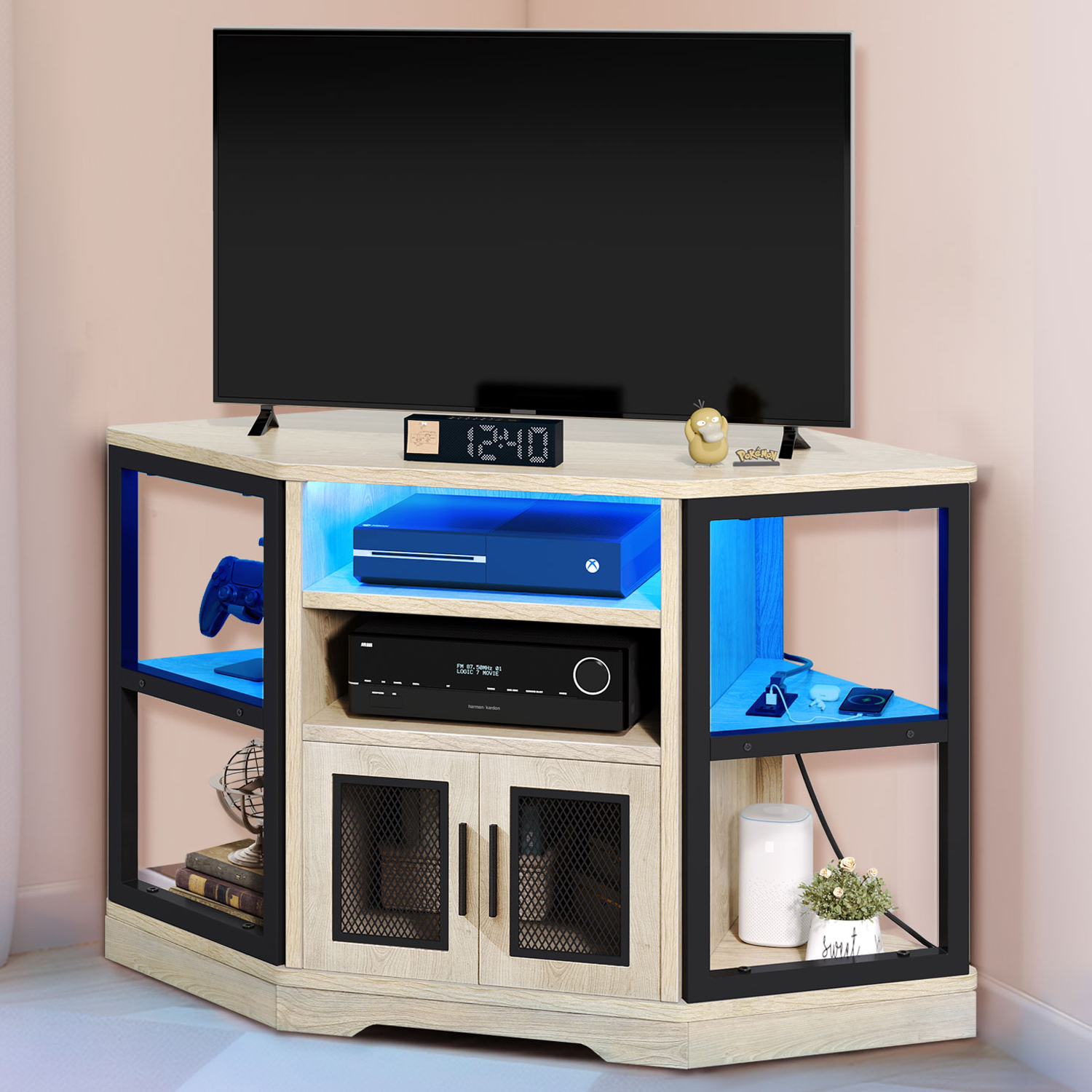 Dextrus Farmhouse Corner TV Stand for TVs up to 55 inch with Power