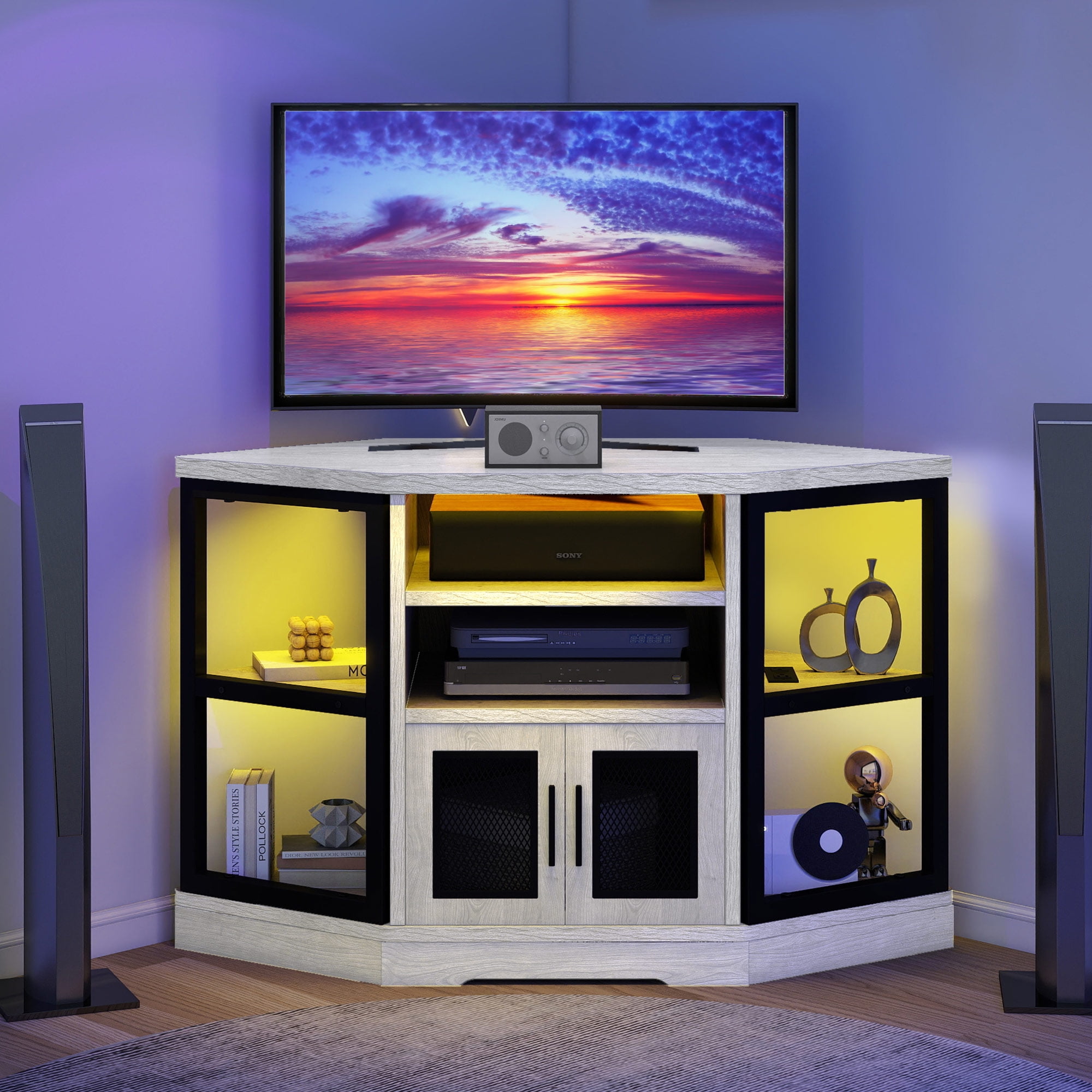 Dextrus Farmhouse Corner TV Stand for TVs up to 55 inch with Power Outlet LED Lights Wood Entertainment Center TV Media Console with Storage