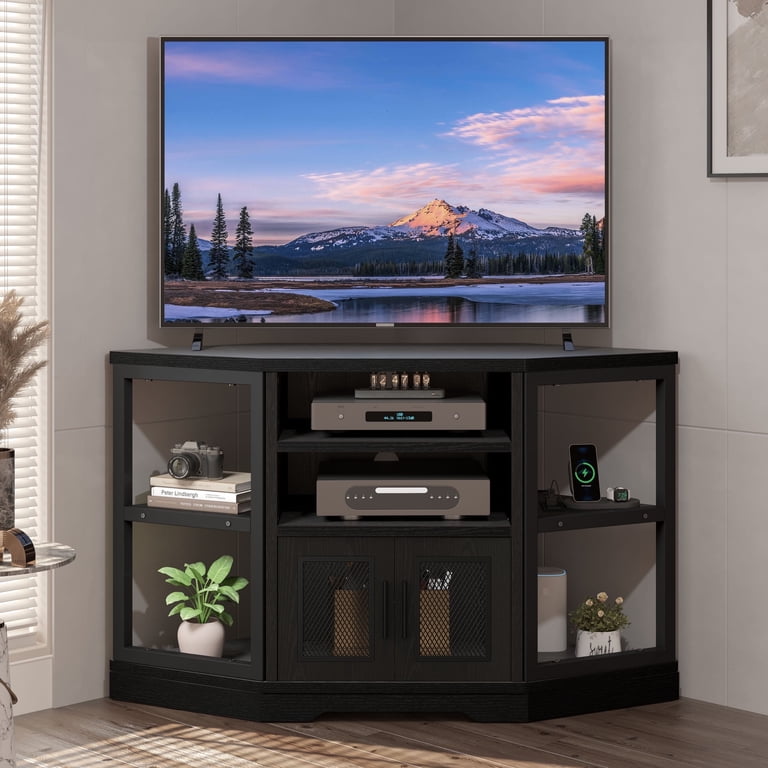 Tall Corner Media Cabinet ELEGANT TV Stands With LED Lights Corner TV