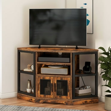 Dextrus Farmhouse Corner TV Stand for TVs up to 55 inch with Power Outlet, Wood Entertainment Center, TV Media Console with Storage, Walnut