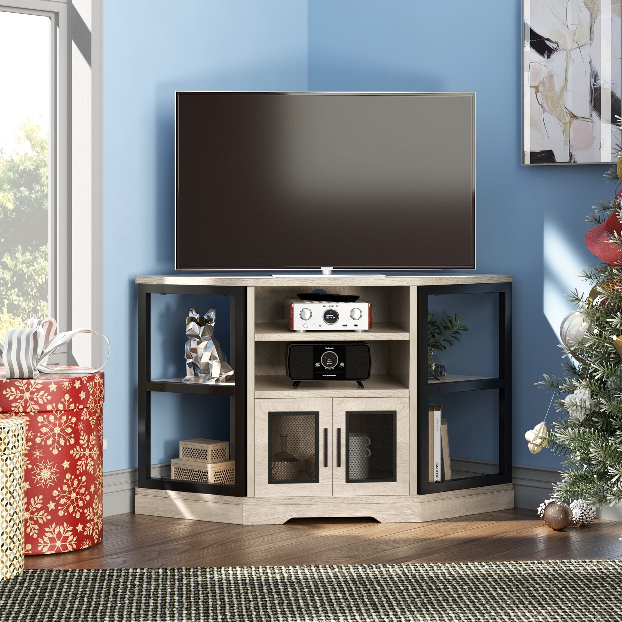 Dextrus Farmhouse Corner TV Stand for TVs up to 55 inch with Power