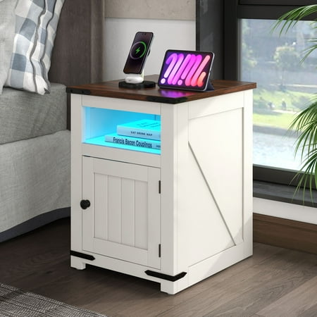Dextrus Farmhouse End Table with Charging Station and LED Lights , Side Table with Rustic Wood Storage Shelf Nightstand for Living Room Bedroom - White