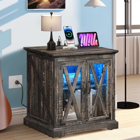 Dextrus Farmhouse End Table with Charging Station & LED Lights, Side Table Nightstand with 2 Doors & Storage Shelf, Rustic Oak