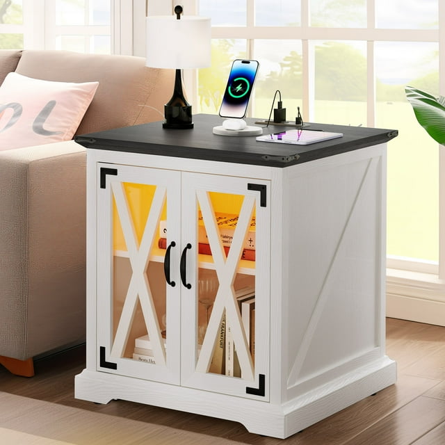 Dextrus Farmhouse End Table with Charging Station and LED Lights, Side