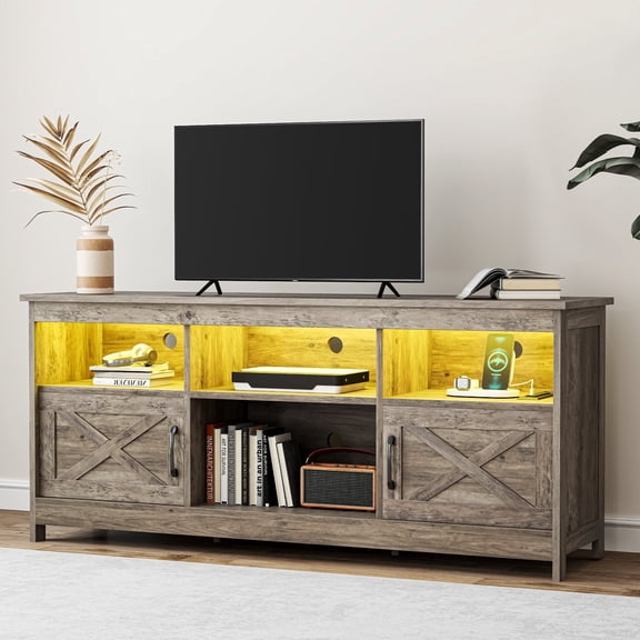 Dextrus Farmhouse-Inspired TV Stand with Power Outlet, LED-Lit Media Console, Simplistic TV Cabinet for Living Room or Bedroom, Rustic Grey, 59 Inch