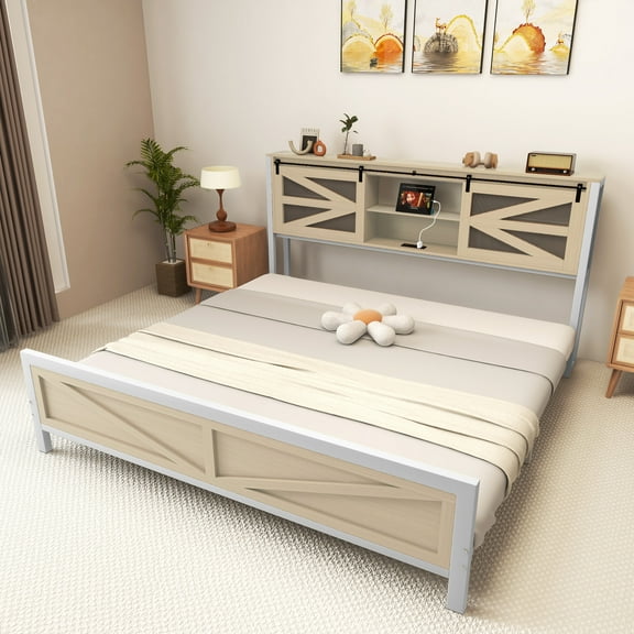 Dextrus Farmhouse King Bed Frame with Storage Headboard, Rustic Oak Wood Platform Bed with Storage Shelf, Barn Door, Power Outlet, No Box Spring Required