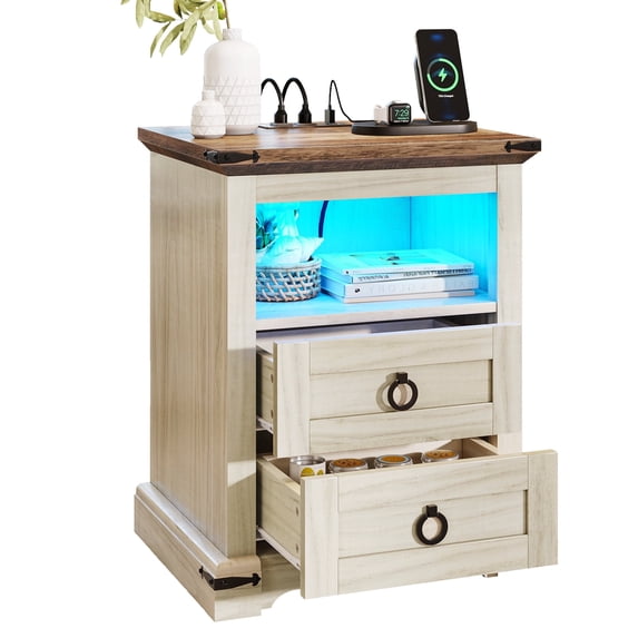 Dextrus Farmhouse LED Nightstand w/Charging Station, LED End Table Side Table w/2 Drawer for Bedroom, Antique White