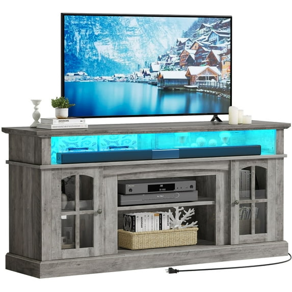 Dextrus Farmhouse LED TV Stand for TVs up to 65'', Wood TV Media Console Entertainment Center for Living Room, Rustic Gray