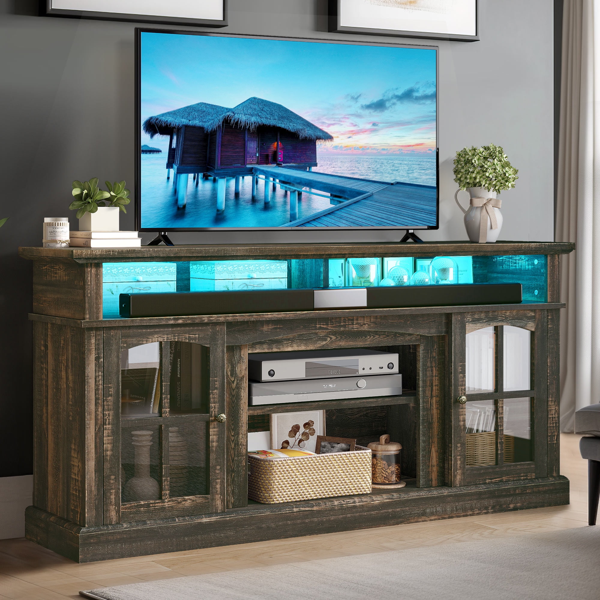 Dextrus Farmhouse LED TV Stand w/Outlets for TVs up to 70'', Wood TV
