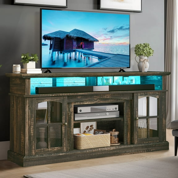 Dextrus Farmhouse LED TV Stand w/Outlets for TVs up to 70'', Wood TV Media Console for Living Room, Rustic Oak