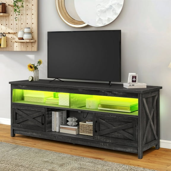 Dextrus Farmhouse LED TV Stand with Power Outlet, Media Entertainment Center Console for 75 Inch TV for Living Room, Dark Gray