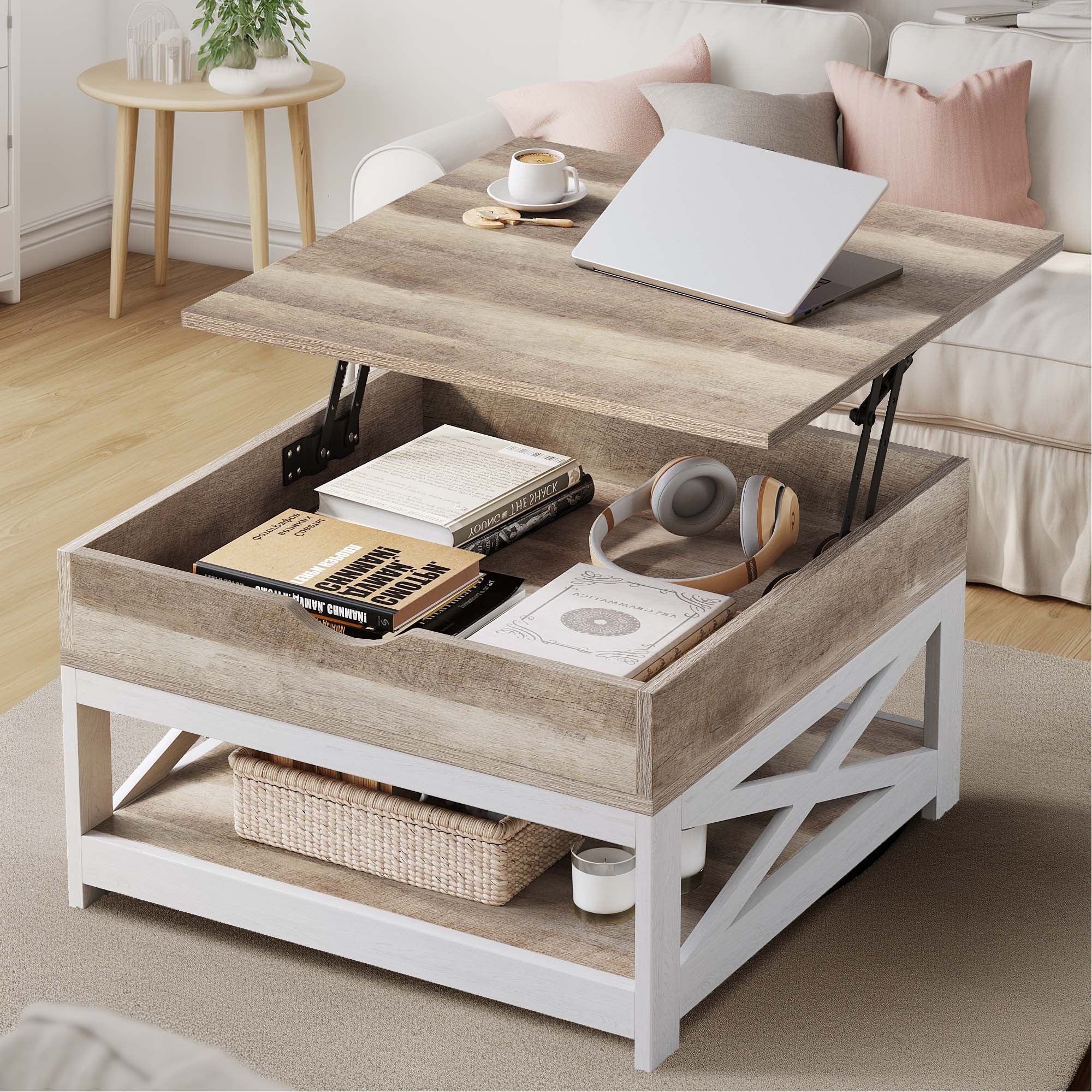Dextrus Farmhouse Lift Top Coffee Table w/ Hidden Storage Square Center ...