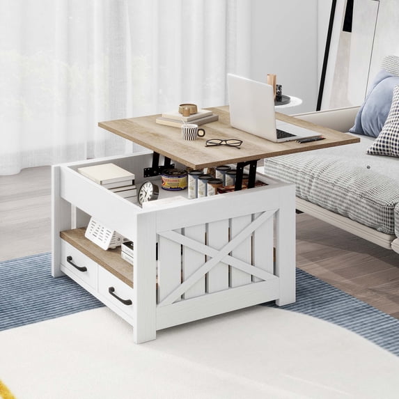 DEXTRUS Farmhouse Lift Top Coffee Table with Shelf and Drawers, Square Center Table for Living Room, Gray Wash