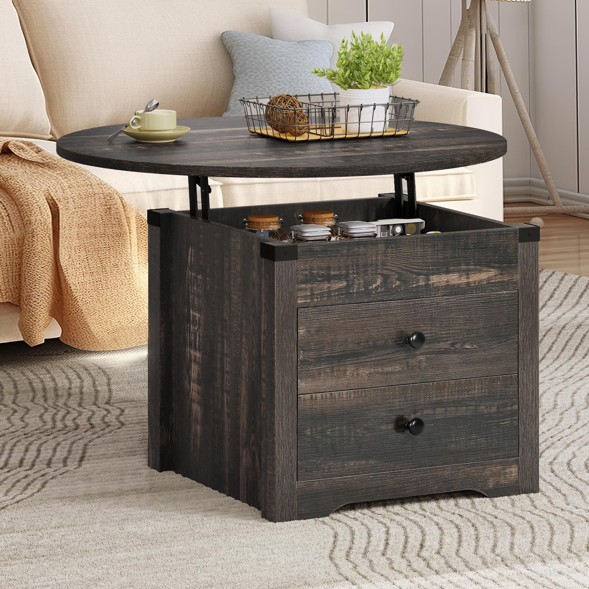 Dextrus Farmhouse Round Lift Top Coffee Table with Storage, Rustic Oak ...