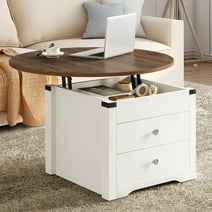 Dextrus Farmhouse Lift Top Coffee Table with Storage, Round Center Table for Living Room, White and Walnut