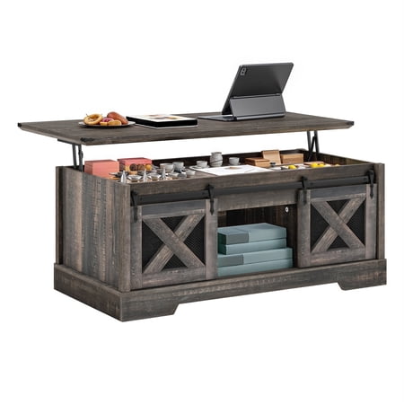 Dextrus Farmhouse Lift Top Coffee Table with Storage & Sliding Door, Rustic Center Table for Living Room, Rustic Oak