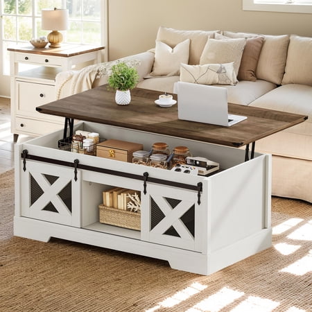 Dextrus Farmhouse Lift Top Coffee Table with Storage & Sliding Door, Rustic Center Table for Living Room, White and Brown