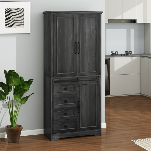 Dextrus Farmhouse Pantry Cabinet with Drawers & Barn Door, Kitchen Storage Cabinet, Black