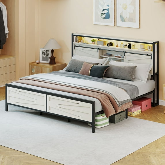 Dextrus Farmhouse Queen Bed Frame with Bookcase Headboard Storage, LED Lighting and Charging Station, Sliding Barn Door Design, Solid Metal Framework, No Box Spring Required (White)