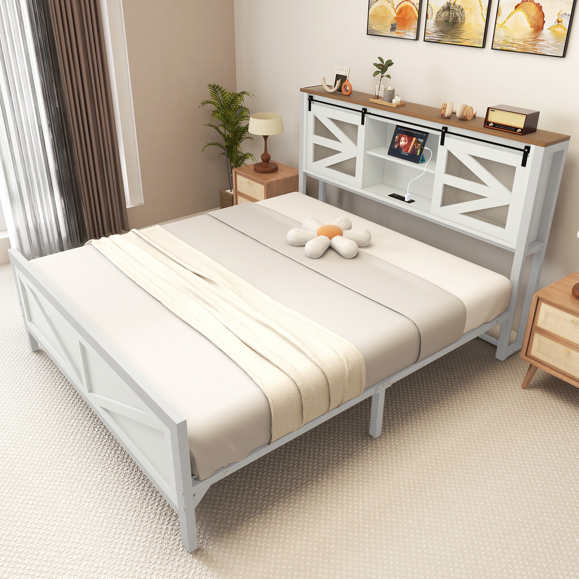 Dextrus Farmhouse Queen Bed Frame with Storage Headboard, Rustic White