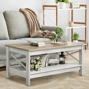 Dextrus Farmhouse Rustic Wood Coffee Table with Open Storage Shelf, Oak