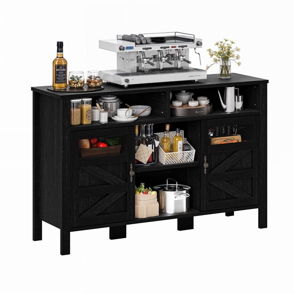 DEXTRUS Farmhouse Sideboard Bar Cabinet with Glass Doors, Adjustable Shelves, Open Storage, Black