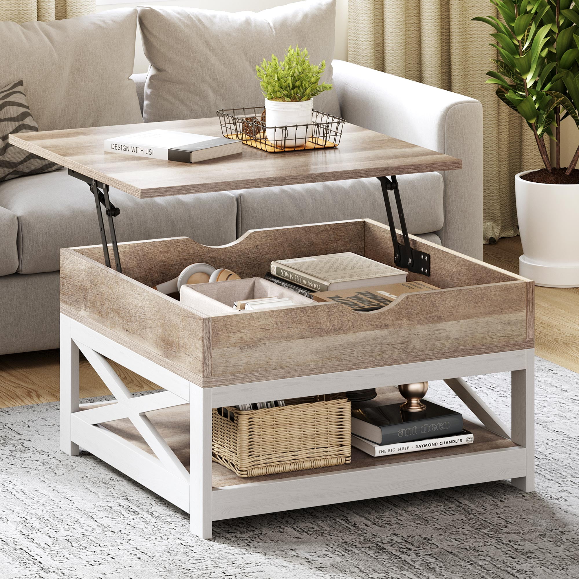 Dextrus Farmhouse Square Coffee Table with Storage for Living Room Lift Top Center Table Gray Wash