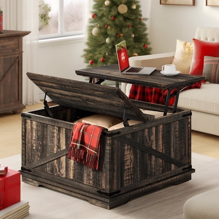 Dextrus Farmhouse Square Lift Top Coffee Table with Storage, Wood Center Table for Living Room, Rustic Oak