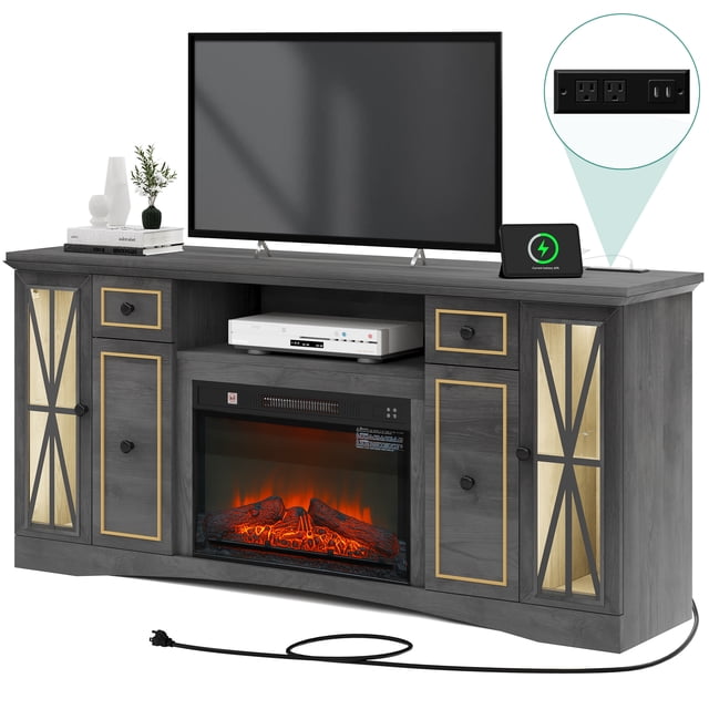 Dextrus Farmhouse Style TV Cabinet with Fireplace for up to 75" TVs for ...