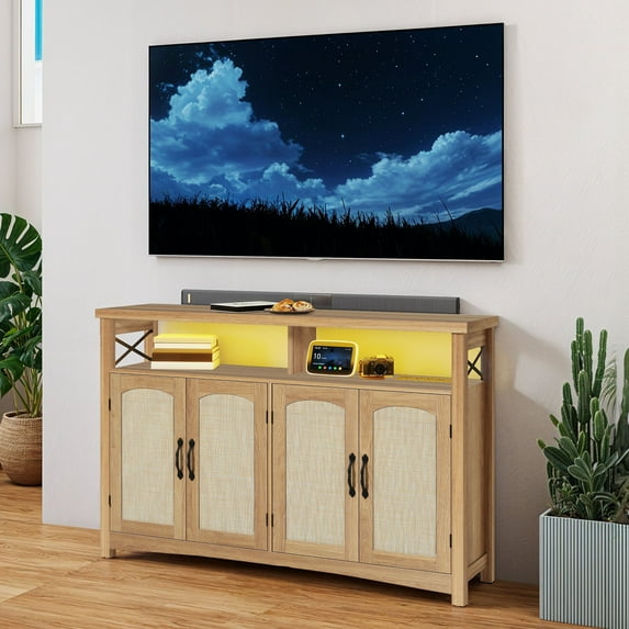 Dextrus Farmhouse TV Stand for 60 inch TV, Entertainment Center with LED Light, TV Media Console Cabinet, 55" Oak