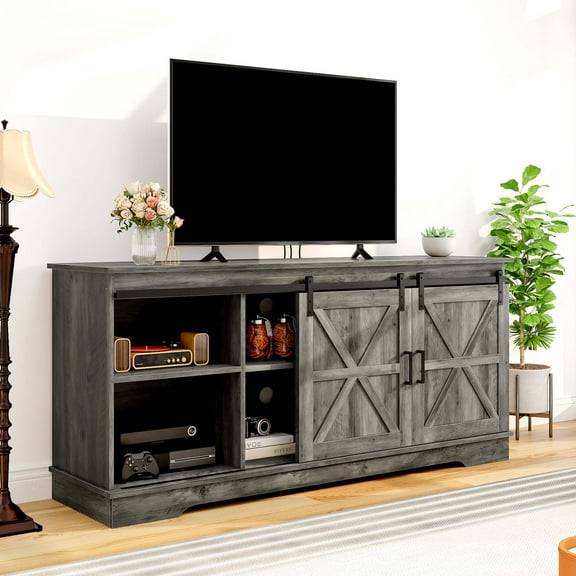 Dextrus Farmhouse TV Stand for 65 Inch TV, Entertainment Center with Sliding Barn Door, Wood TV Media Console, Rustic Grey