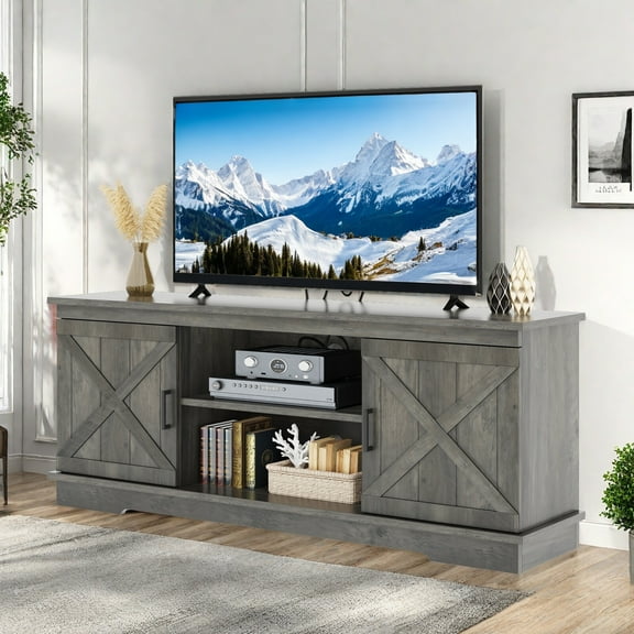 Dextrus Farmhouse TV Stand for 65 inch TV, Entertainment Center for Living Room, TV Media Console Cabinet, Rustic Gray