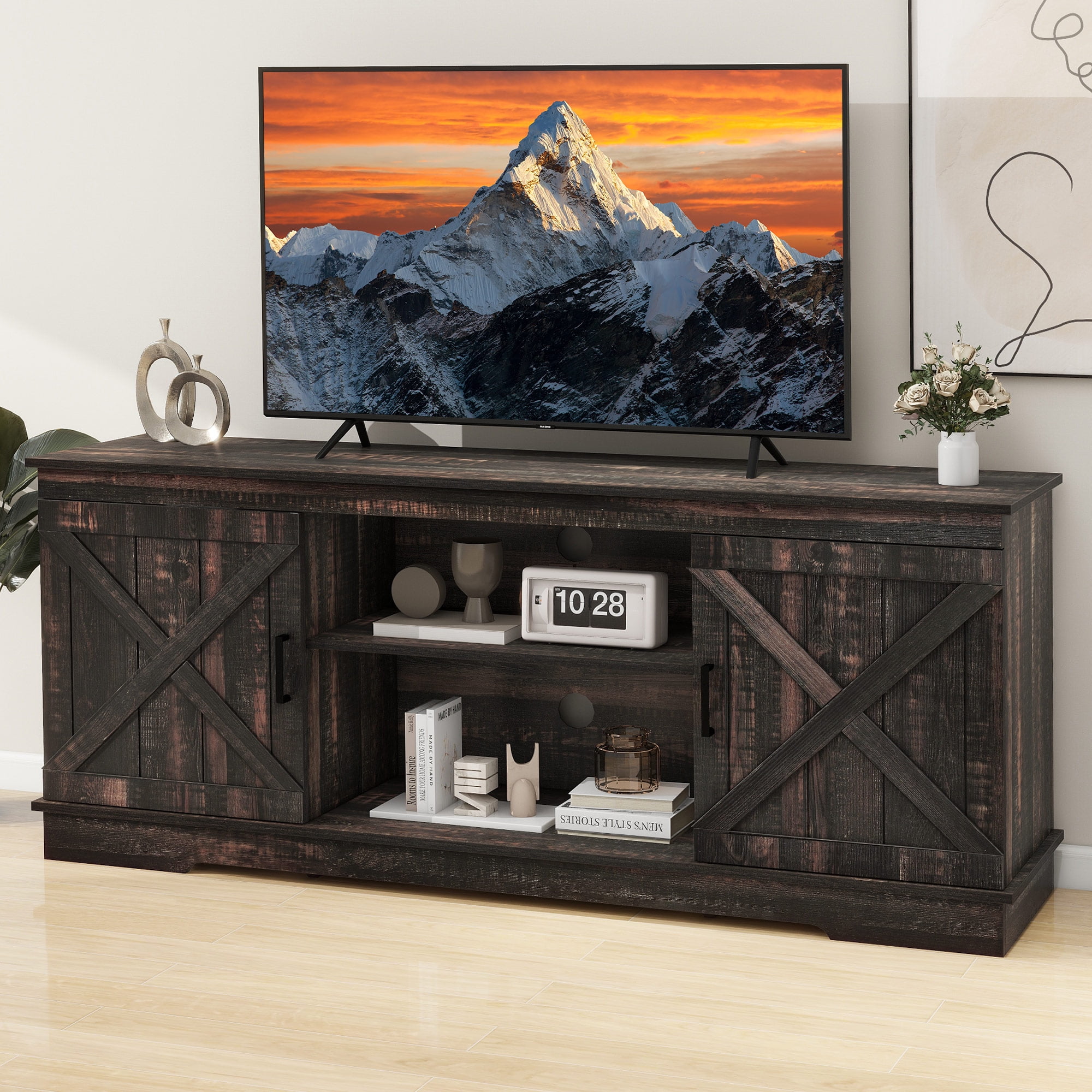 Dextrus Farmhouse Barn Door TV Stand for 65 inch TV Rustic Oak Media Console Cabinet with Adjustable Shelf Scratch proof Supports Up to 154lbs