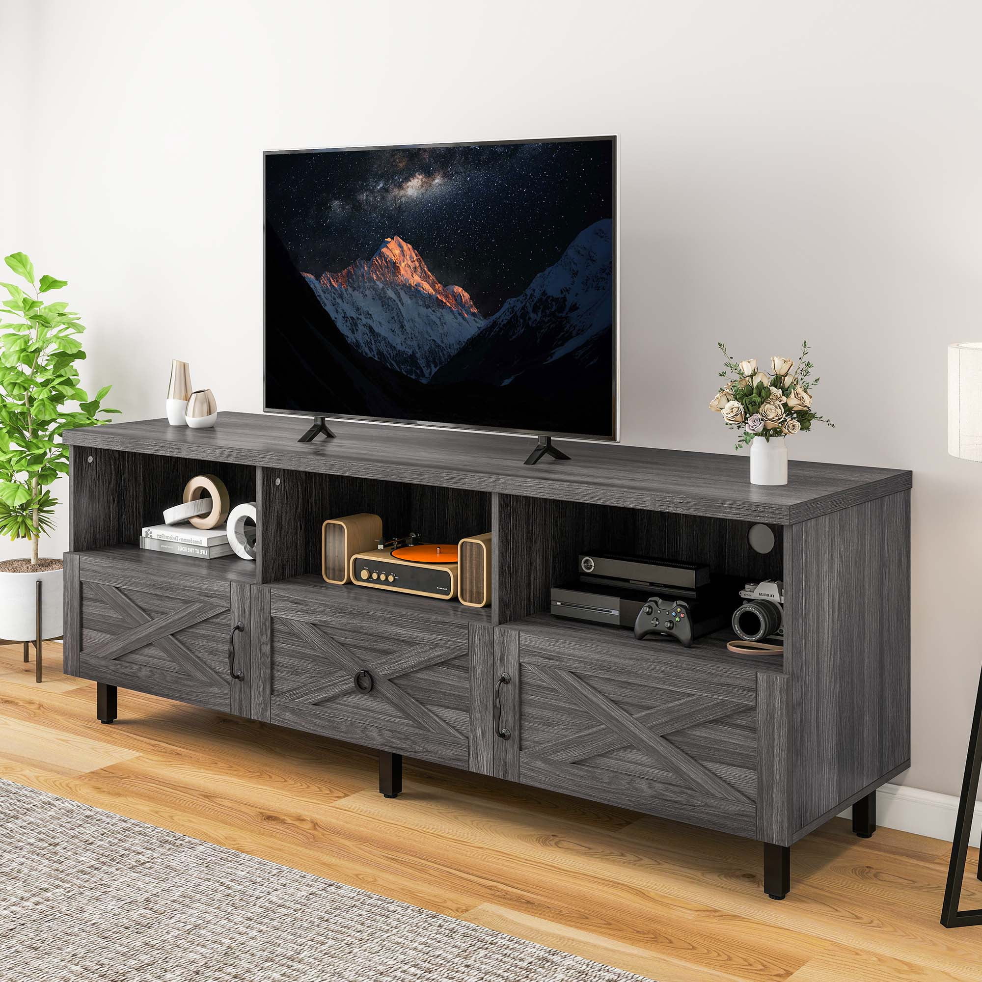 Dextrus Farmhouse TV Stand for 70 inch TV Wood TV Table Media Console with Storage Dark Grey