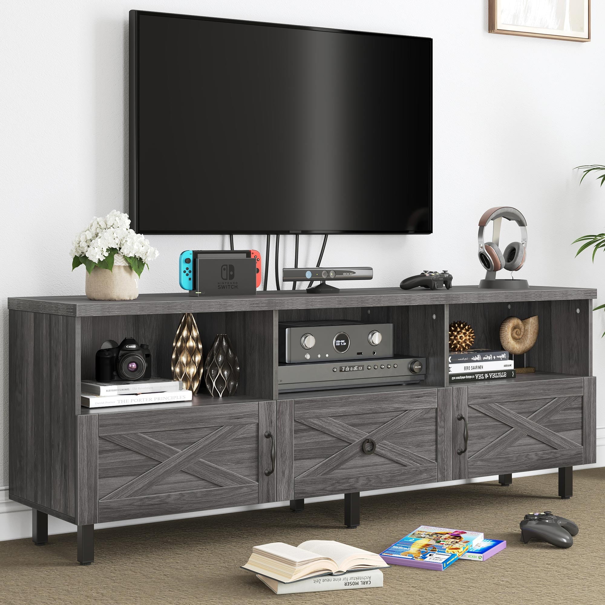 Dextrus Farmhouse TV Stand for 70 inch TV, Wood TV Table Media Console