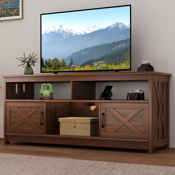 Dextrus Farmhouse TV Stand for TV up to 65 Inch, Entertainment Center with Power Outlets, Brown