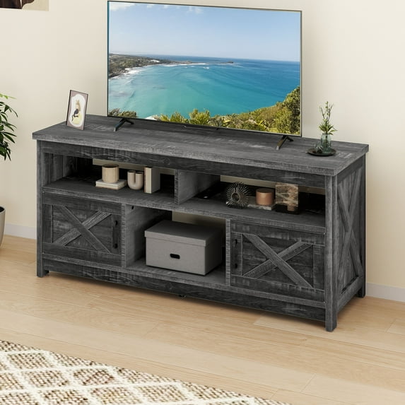 Dextrus Farmhouse TV Stand for TV up to 65 Inch, Entertainment Center with Power Outlets, Rustic Gray