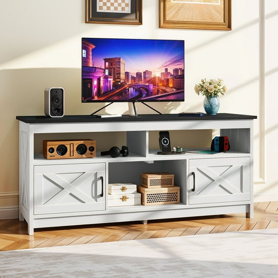 Dextrus Farmhouse TV Stand for TV up to 65 Inch, Entertainment Center with Power Outlets, White and Black