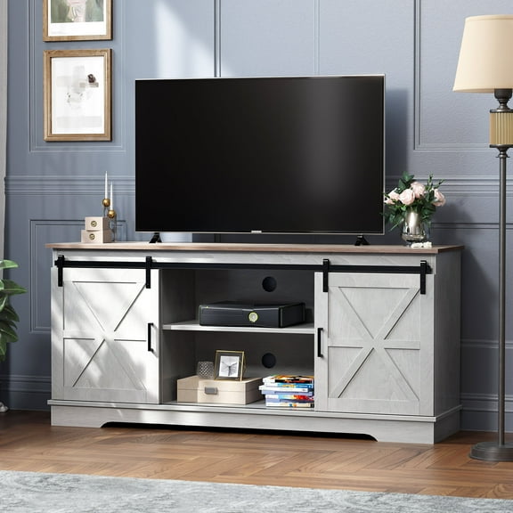 Dextrus Farmhouse TV Stand for TVs up to 65'', Entertainment Center with Barn Doors, TV Media Console Cabinet, Grey Wash