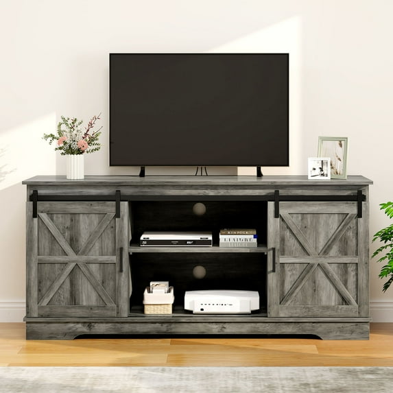 Dextrus Farmhouse TV Stand for TVs up to 65'', Entertainment Center with Barn Doors, TV Media Console Cabinet, Grey
