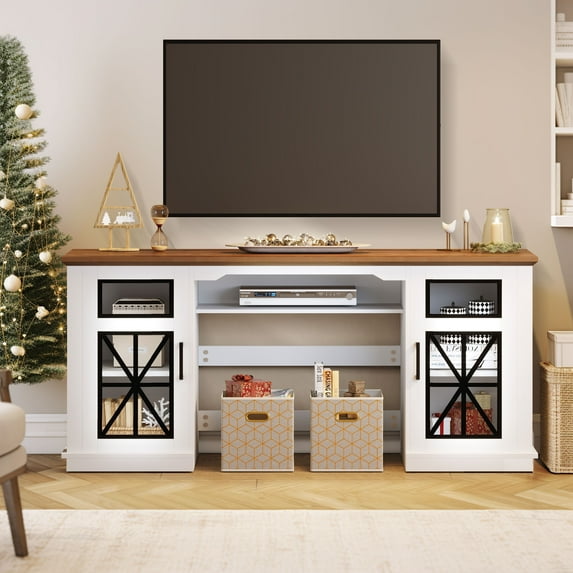 Dextrus Farmhouse TV Stand for TVs up to 65'' w/Glass Doors, Highboy Entertainment Center Cabinet, White