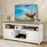 Dextrus Farmhouse TV Stand up to 65 inch with Power Outlet, Media Console with Storage Shelves, Grey Wash