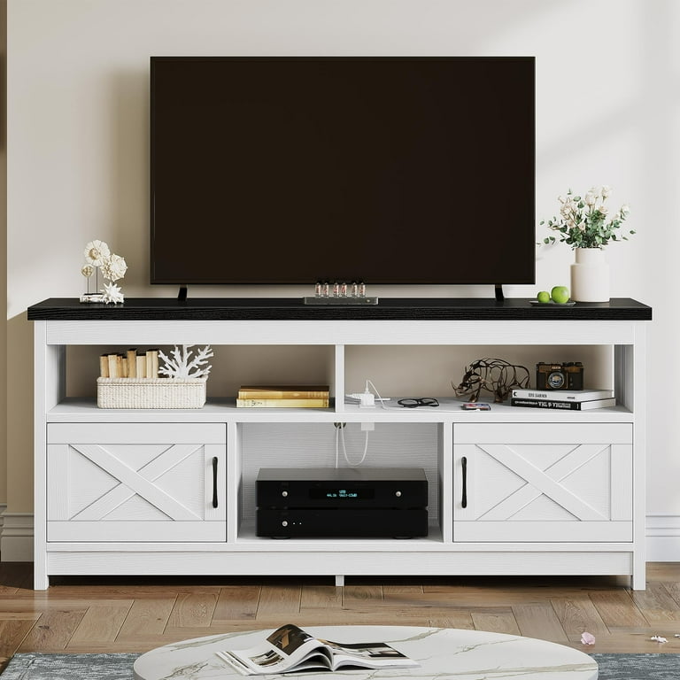 65" Farmhouse TV Stand - Gray Entertainment Center With Power Outlets & LED Lights