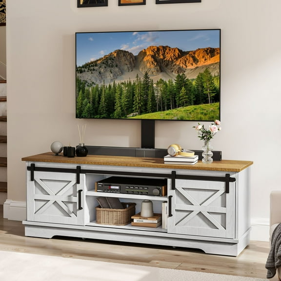 Dextrus Farmhouse TV Stand with Mount for 32-70" TVs, Media Console Cabinet with Barn Doors, White