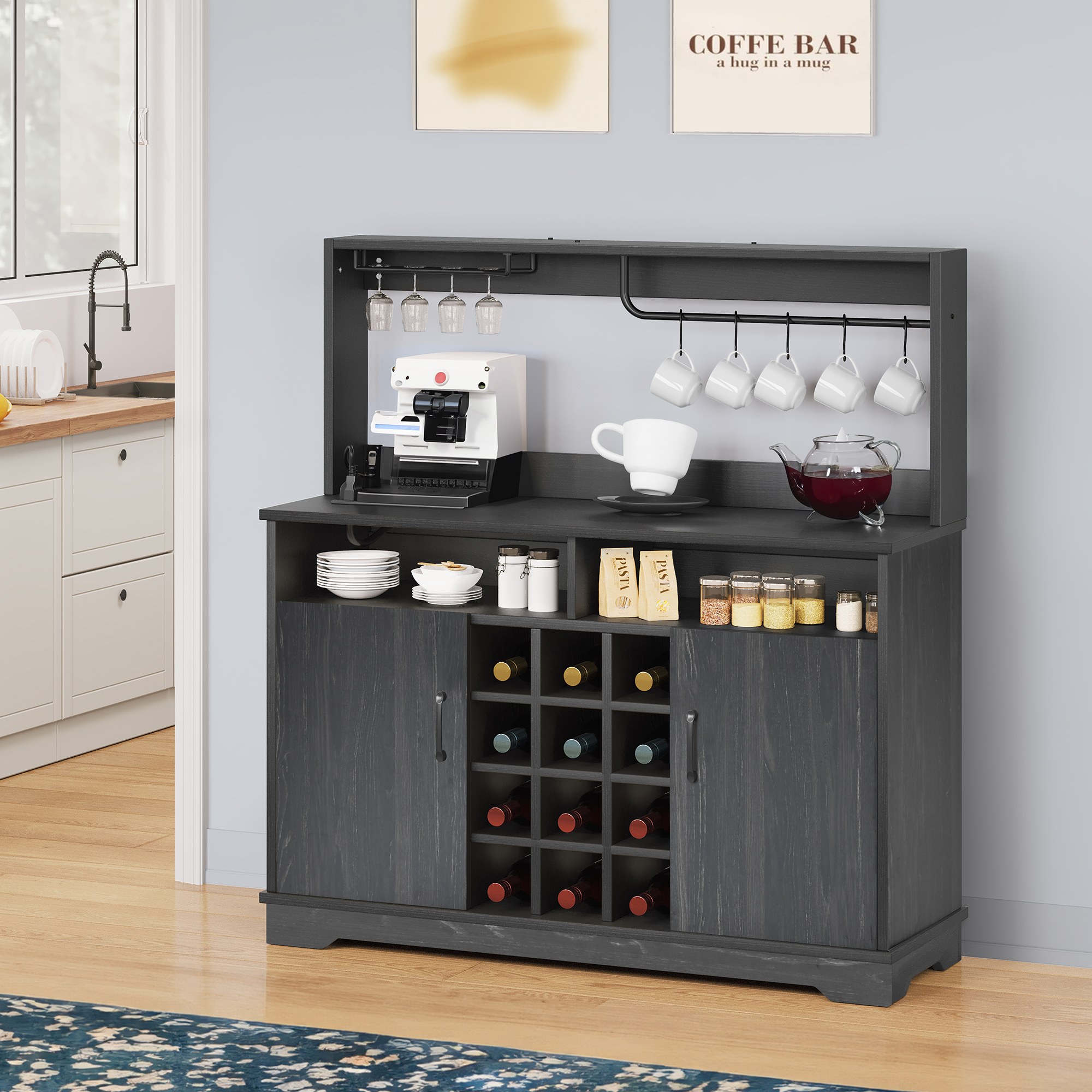 Dextrus Farmhouse Bar Cabinet for Liquor and Glasses, Freestanding Wood  Tall Pantry Cabinet, Kitchen Cabinet with 4 Door, Sideboard Buffet Cabinet  for Living Room, Hallway, Charcoal Grey 